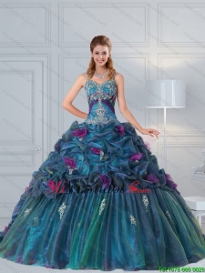 Multi color lindo vestido de quinceañera con Made mano de la flor y Pick Ups