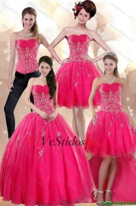 2015 Elegante sin tirantes calientes vestidos rosados para Quince con apliques