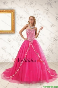 2015 Hermosa rosa caliente Vestidos de quinceañera con rebordear y apliques