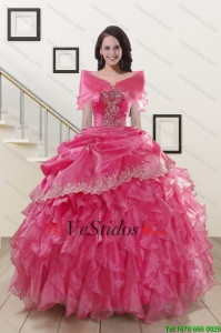 2015 Apliques populares y las colmenas de Quinceanera Vestidos de rosa caliente