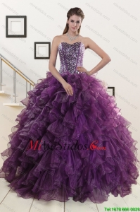 2015 nuevo estilo Purple Vestidos de quinceañera con Volantes Bordoneado y