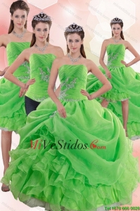 2015 Barato Spring Green Vestidos Quince con pick ups y rebordear