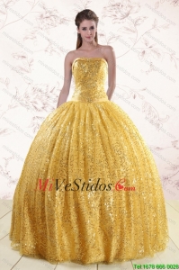 Romántico oro lentejuelas vestido de quinceañera con tirantes
