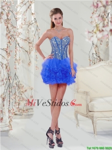 2015 Los más populares del azul real vestidos de baile con rebordear y Ruffles