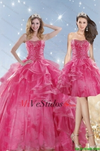 2015 vendedores calientes de los vestidos rosados para quinceañera con rebordear y Ruffles