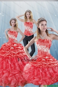 2015 Gorgeous sandía Red Vestidos de quinceañera con Volantes Apliques y