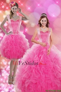 2015 Maravilloso Hot Pink Vestidos de quinceañera con Volantes Bordoneado y