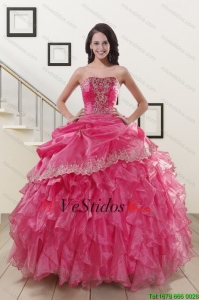 Apliques y Ruffles 2015 Vestidos de rosa caliente de quinceañera
