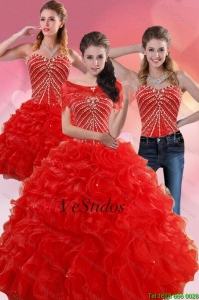 Vestidos Quince rojas exquisito con rebordear y Volantes de 2015