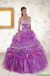 2015 Pretty Strapless lila Vestidos de quinceañera con apliques