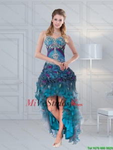 2015 Pretty correas Multi Color de baile vestido con bordado y hecho a mano de la flor