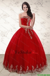 Elegante sin tirantes rojo 2015 Vestidos de quinceañera con apliques