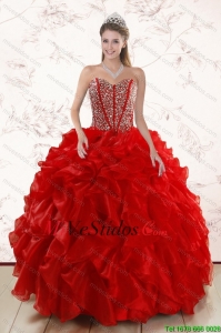 Sweetheart bonitos vestidos de rojo de quinceañera con rebordear y Volantes de 2015