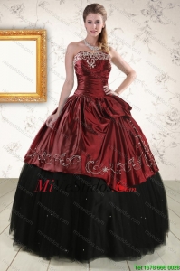 Bonitos del vestido de bola del bordado 2015 vestidos de quinceañera en Rust Rojo y Negro