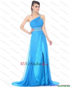 Elegante 2015 de un hombro vestido azul largo de fiesta con diamantes de imitación
