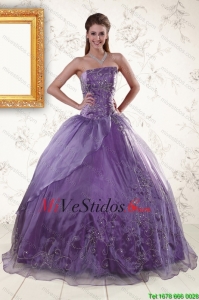 2015 Descuento púrpuras sin tirantes Apliques vestidos de quinceañera
