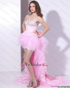 Baby Pink Ruffled de un hombro Vestidos de baile hecha a mano de la flor y rebordear