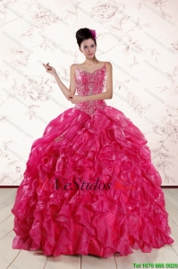 2015 Hermosa correas espaguetis rebordear Vestidos de quinceañera en rosa fuerte