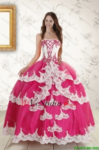 2015 Hot Pink Strapless Vestidos de quinceañera con apliques