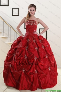 Descuento Strapless Vino Apliques rojos vestidos de quinceañera para 2015