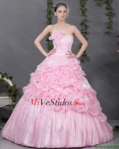 2015 populares Pink Quinceañera Vestidos con Hand Made Flores y Ruffles
