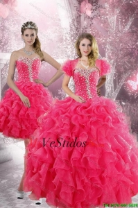 Trendy 2015 Hot Pink Vestidos de quinceañera con Volantes Bordoneado y