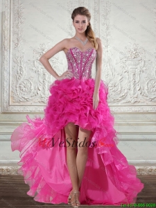 2015 Hot Pink High baile vestidos Bajos con rebordear y capas con volantes