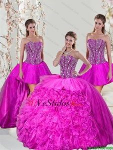 2015 Primavera desmontables Hot Pink Sweet 16 Vestidos con rebordear y Ruffles