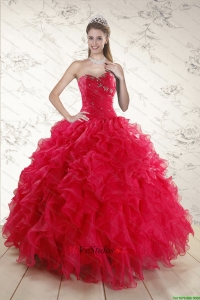 New Style amor que rebordea 2015 Vestidos de quinceañera en Coral Rojo