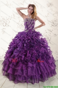 Sin tirantes púrpura 2015 vestido de quinceañera con apliques