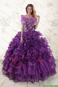 Hermosos Apliques púrpura sin tirantes 2015 Vestidos de quinceañera