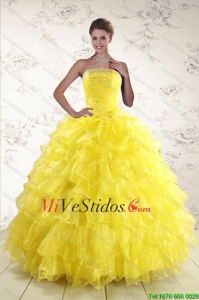 New Style Yellow Vestidos de quinceañera con Volantes Bordoneado y