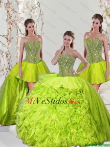2015 rebordear y Ruffles Amarillo Verde vestidos desmontables para Quince