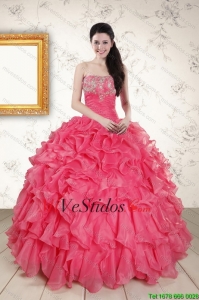 2015 Hot Pink Strapless Vestidos de quinceañera con Volantes Bordoneado y