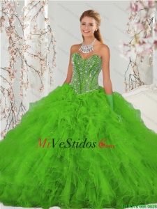 2015 populares rebordear y Ruffles Spring Green dulce 15 vestidos