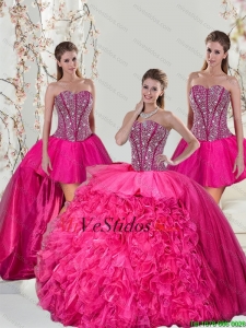 2015 Hermosas rosas fuertes de dulces 15 vestidos con abalorios y Ruffles