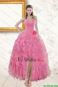 2015 Rose Pink baile vestidos con abalorios y Ruffles