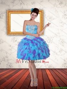 2015 Capas amor que rebordea rizadas corto vestido de fiesta en Multi Color