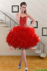2015 Pretty Sweetheart rizado rojo de baile vestido con apliques