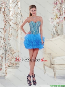 Modest azul vestido de baile vestido con apliques y Ruffles