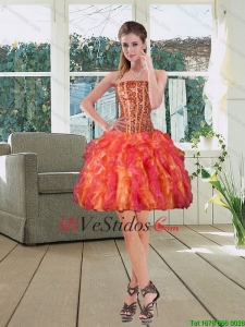 Bola vestido sin tirantes multi color 2015 vestidos de baile con rebordear y Ruffles