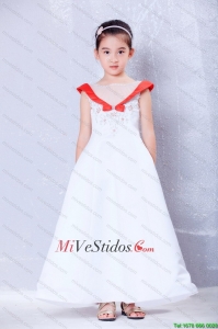 Blanco y rojo una línea primicia tobillo-longitud de satén y organza de bordado vestido de niña de flores
