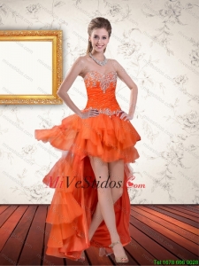 Altas Sweetheart Orange vestidos de baile Bajos con las colmenas y rebordear