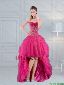 Alta Baja Sweetheart rosa caliente vestido de fiesta 2015, con bordados y pedrería