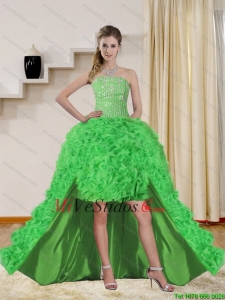 2015 Hermosa Spring Green Vestidos de baile de alto bajo con rebordear