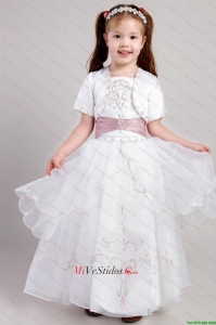 Blanca una línea de cuadrados tobillo-longitud de tafetán y organza bordado vestido de niña de las flores