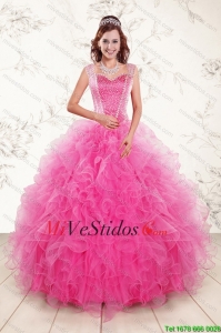 2015 Pretty correas Hot Pink Vestidos de quinceañera con rebordear