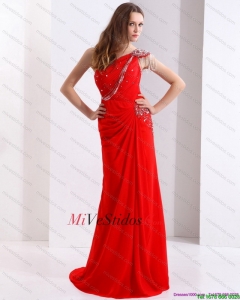 Elegante 2015 de un hombro vestido de fiesta rojo con Listones y cepillo tren