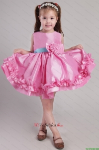 Rose Pink Princess primicia la rodilla-longitud de tafetán de la correa y mango Flores Poco vestido de niña