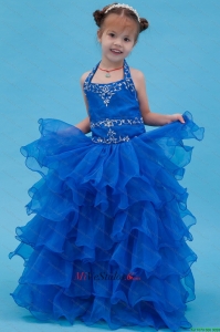Bola azul del vestido Atado al cuello palabra de longitud Organza Apliques Flor vestido de niña